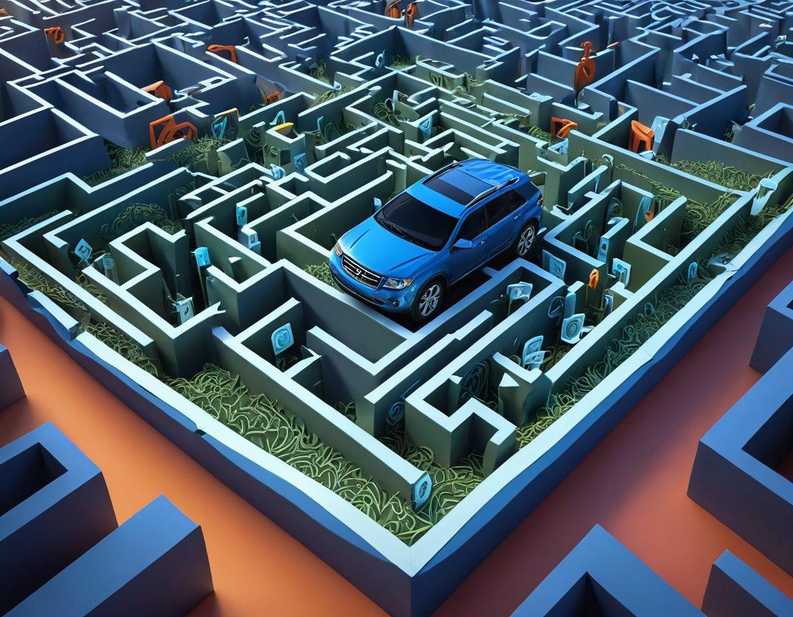 A complex maze made of various car insurance policy documents symbolizing different coverage options. In the center, a bright light representing maximum savings shines through, illustrating success. Surrounding the maze, diverse vehicles of different shapes and sizes represent choices in insurance. A calculator and money symbols float above for financial insights. vibrant colors. 3D. super-realistic.