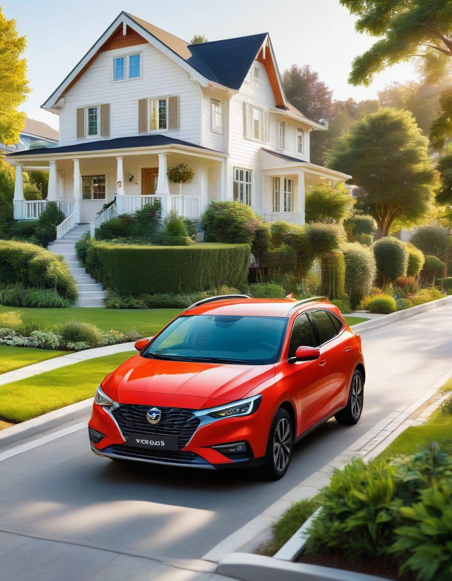 A sleek, affordable car parked in a sunny suburban environment, surrounded by symbols of vehicle protection like insurance papers, safety tools, and a shield icon. The backdrop features a friendly family and vibrant greenery to convey peace of mind. The overall tone should be inviting and reassuring, emphasizing affordability and security. super-realistic. vibrant colors. white background.