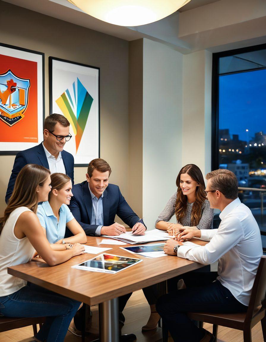 A modern family sitting at a table, discussing car insurance options with a friendly agent, surrounded by colorful brochures and a laptop showing comparison charts. The background features a sleek car and a shield symbol representing protection. The setting is bright and welcoming, emphasizing trust and understanding. vibrant colors. super-realistic.